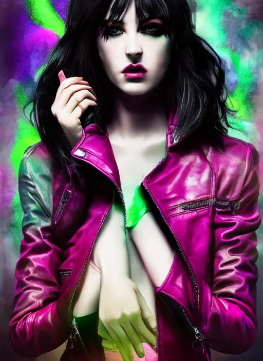 Image similar to a photo of 8 k ultra realistic a black haired female in high heels and a black leather jacket, pink, purple, green, yelow, red, blue, white neon, art by lise deharme