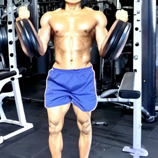 Image similar to A very muscular and lean BongBong Marcos flexing in the gym