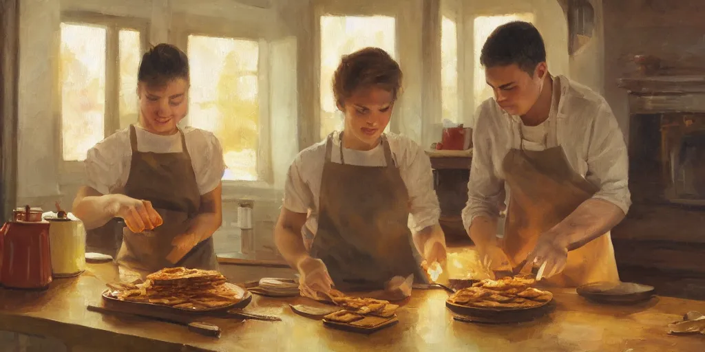 Image similar to oil painting of one young man and one young woman baking waffles in romantic light