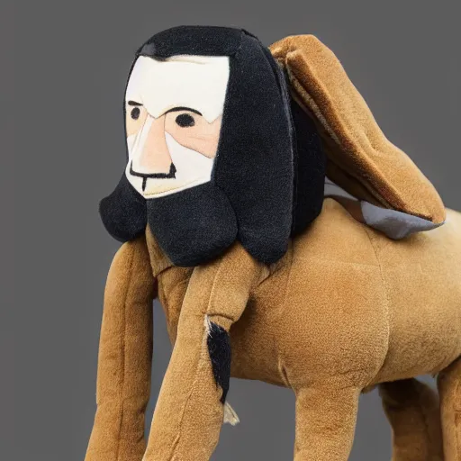 Prompt: product photo of a plush doll of Abraham Lincoln riding a donkey