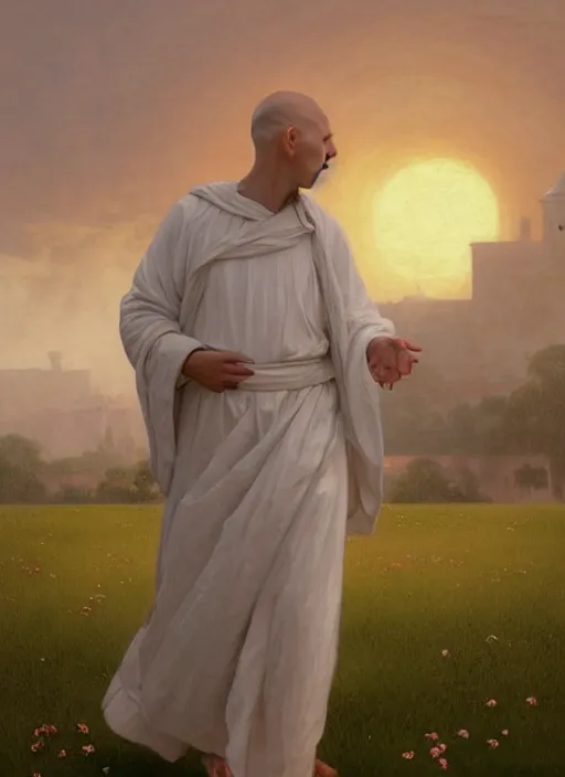 Image similar to oil painting portrait of a tonsured dominican monk in a white habit, striding dancing through a flourishing garden at sunset with a monastery in the background, hazy, digital art, chiaroscuro, artstation, cinematic, golden hour, digital art painting by greg rutkowski, william - adolphe bouguereau, hazy atmosphere, flowers, cinematic lighting