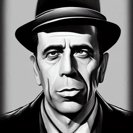 Image similar to humphrey bogart as film noir detective, portrait, highly detailed, digital painting, artstation, concept art, sharp focus, illustration, art , style of Walter Martin Baumhofer