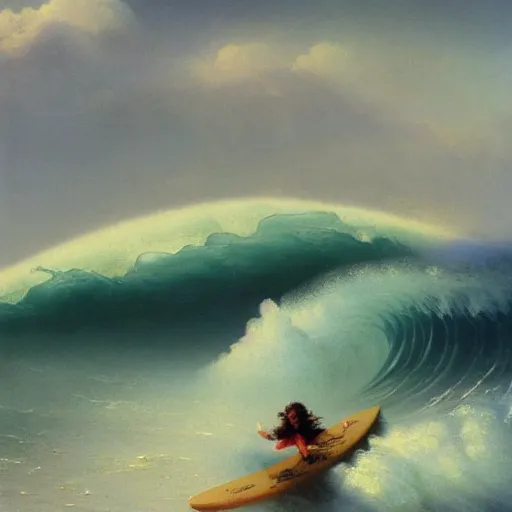 Prompt: a detailed matte painting of a long-haired gnome surfing huge ocean wave on a surfboard, painting by Ivan Aivazovsky