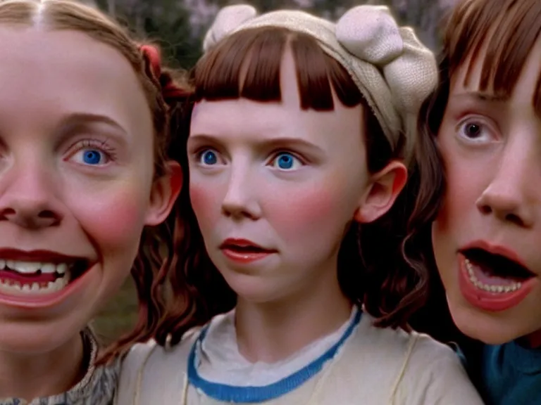 Prompt: a close - up portrait scene from a movie about pippi longstockings, a movie where millie bobby brown is the lead actresses, directed by director peter jackson, blue - ray screenshot, filmed by roger deakins