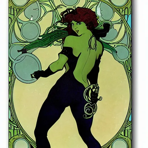 Image similar to art nouveau she hulk by mucha