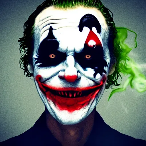 Image similar to joker, smiling, unnatural grin, horror, creepy, smoke, black, dark, glow