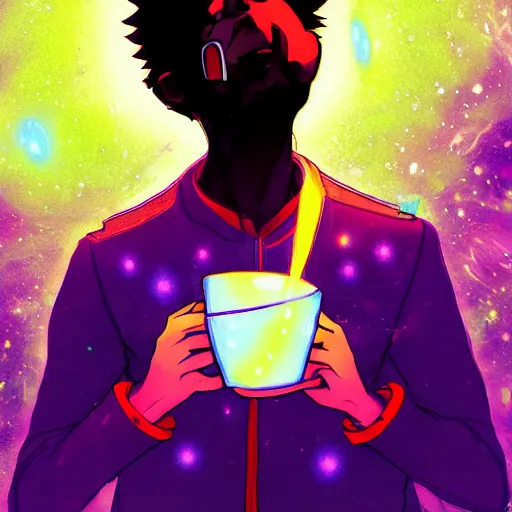 Image similar to A man drinking a cup of cosmic energy bright light by Masafumi Harada, 4k, digital art, surreal, anime style, space dandy style, highly detailed, godsend, artstation