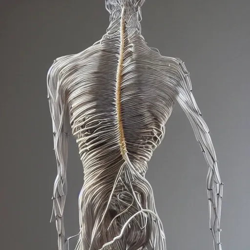 Prompt: realistic anatomically correct detailed wire sculpture of the human nervous system