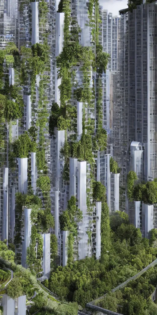 Prompt: elevational photo by Andreas Gursky of tall and slender futuristic mixed-use towers emerging out of the ground. Many bridges hang between towers. The towers are covered with trees and ferns growing from floors and balconies. The towers are clustered very close together and stand straight and tall. The housing towers have 100 floors with deep balconies and hanging plants. No sky. Cinematic composition, volumetric lighting, architectural photography, 8k, megascans, vray.