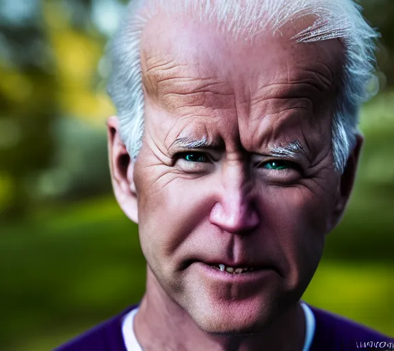 Image similar to award winning 5 5 mm close up portrait color photo of super saiyan biden, in a park by luis royo. soft light. sony a 7 r iv