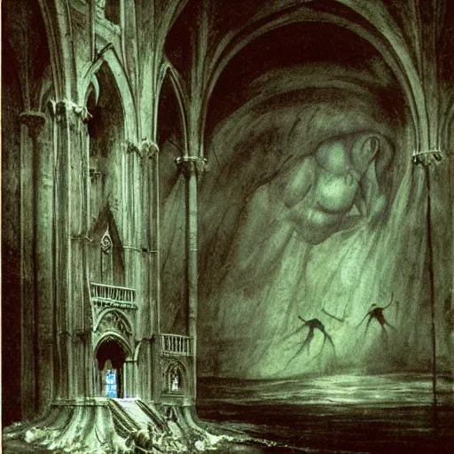 Image similar to an underwater gothic cathedral at the bottom of the ocean populated by mermaids, in the style of arnold bocklin francisco goya william blake and kentaro miura, dark and scary abyssal ambient, utradetailed, matte painting, smooth zenithal lighting, epic masterpiece,