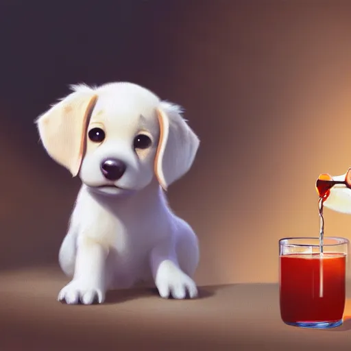 Image similar to cute puppy drinking juice, masterpiece, 8k, fantasy, cinematic lighting, highly detailed, digital painting, artstation, smooth, sharp focus, illustration, by Pixar