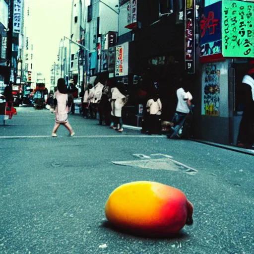 Prompt: a demonic mango attacks downtown tokyo, color photo 3 5 mm, trending, street level view