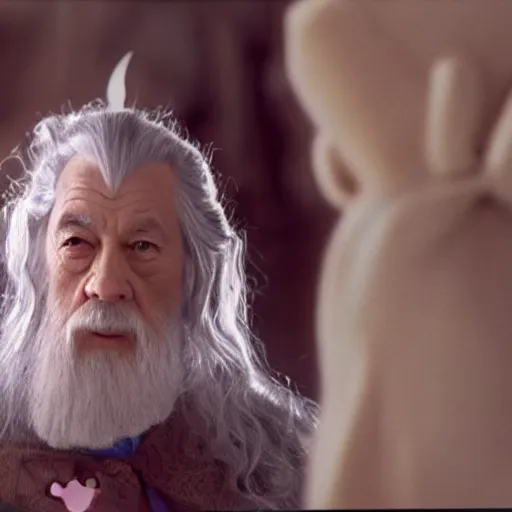 Image similar to portrait of gandalf, wearing a Hello Kitty bow, holding a blank playing card up to the camera, movie still from the lord of the rings