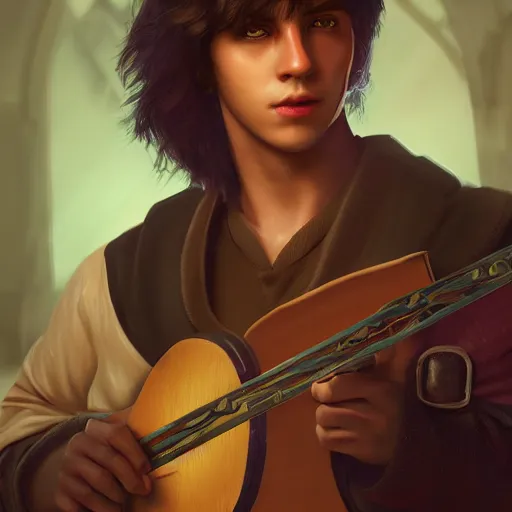 Prompt: a digital art close up portrait of young barnes courtney bard from fantasy world, handsome young man bard with lute character sheet, 4 k, ultra detail, volumetric lighting, unreal engine, octane render