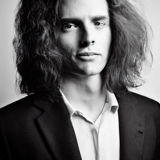 Prompt: portrait of a typical person with waist-length incredible hair by Richard Avedon, gelatin silver finish, smoky eyes, smiling male, aquiline nose, nd4, 85mm, perfect location lighting