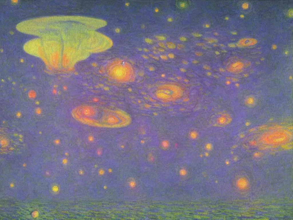 Prompt: study of the psychedelics dream bot mothership thunderstorm. painting by monet, wayne barlowe, agnes pelton, rene magritte, moebius