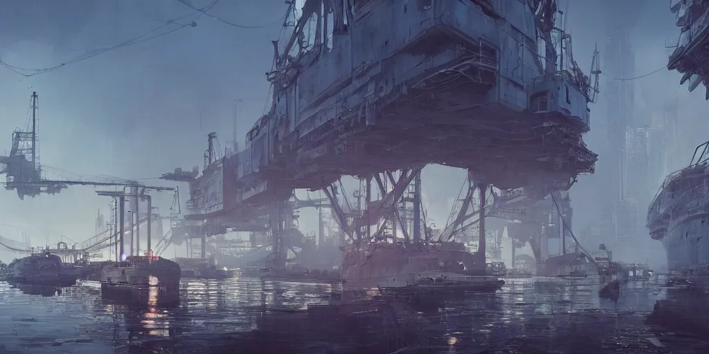 Prompt: old gigantic futuristic rusty boat, harbour of cyberpunk city, mist, cranes, spaceship cargo in dry dock, morning, some seagulls, greg rutkowski, artstation