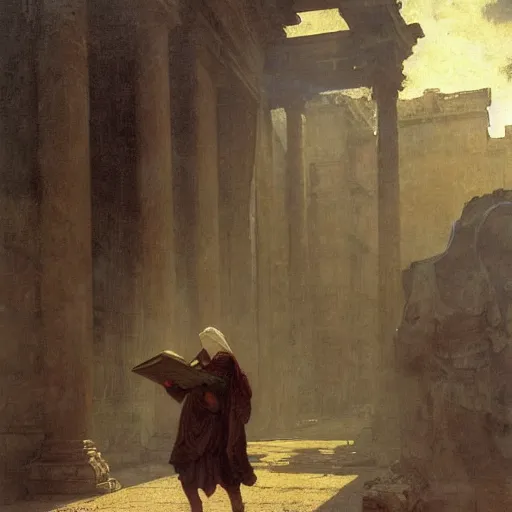 Prompt: half portait of magican wearing a closed cowl walking while reading big old book! jeremy mann, jean leon gerome, tiepolo, alphonse mucha, greg rutkowski, face in the shadows, ( ( ruins of ancient rome ) ), at dusk, mysterious atmosphere, sunrays, dof, masterpiece, high detailed, 8 k