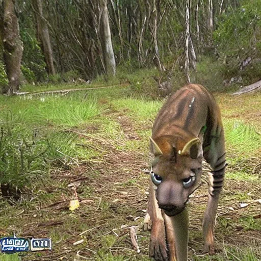 Image similar to tasmanian tiger trailcam. realistic. found footage