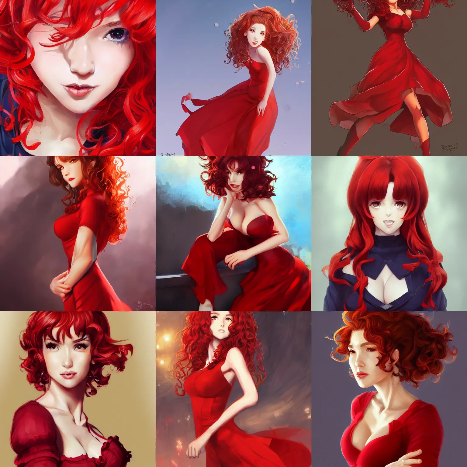 Prompt: A medium shot anime portrait ofNatalia Oreiro with curly ginger hair, wearing a red dress, by Stanley Artgerm Lau, WLOP, Rossdraws, James Jean, Andrei Riabovitchev, Marc Simonetti, and Sakimi chan, trending on artstation