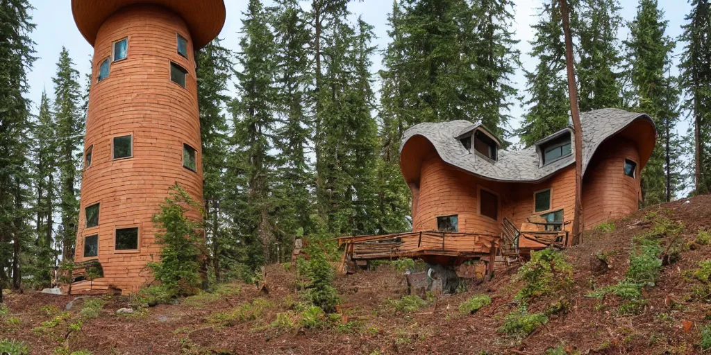 Image similar to large tower residence made from an enormous mushroom, washington state