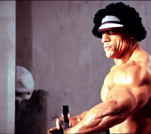 Image similar to dwayne johnson in a clockwork orange, white clothes, movie still, shot by stanley kubrick