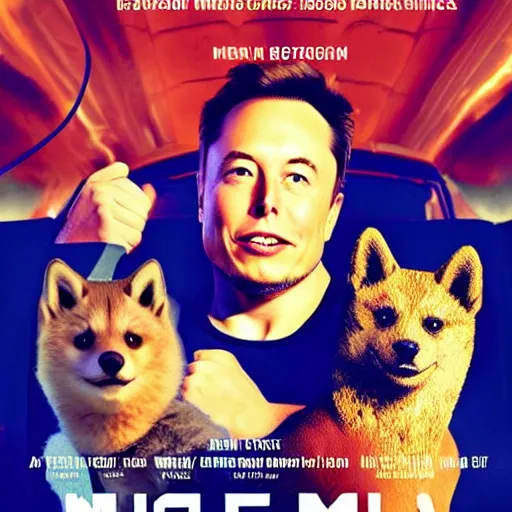 Image similar to movie poster of elon musk with doge coin