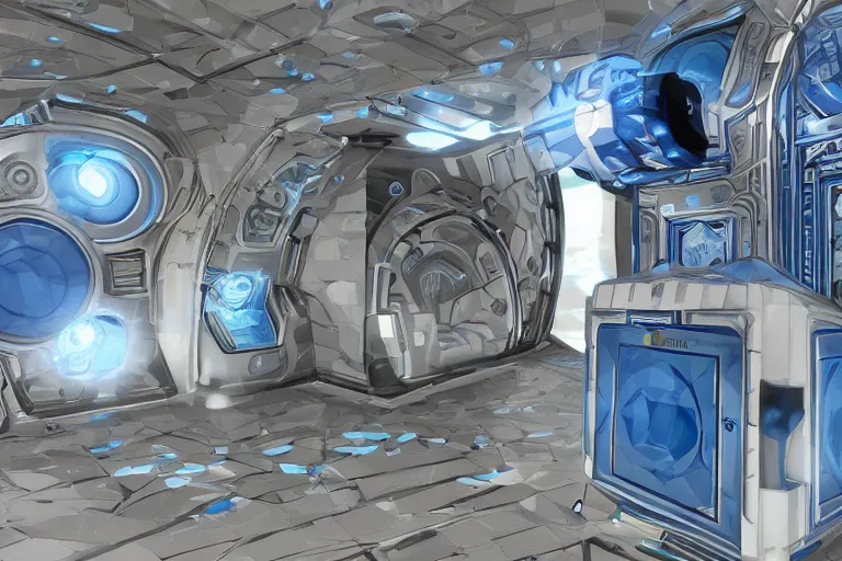 Image similar to futuristic tardis interior stylized like portal 2