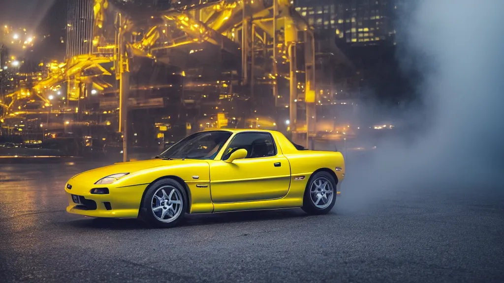 Prompt: a yellow jdm mazda rx - 7, cinematic, long exposure, white balance, 8 k, led, lumen global illumination, fog, ray tracing reflections