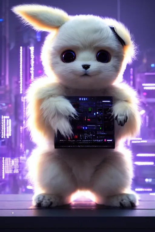 Image similar to high quality 3 d render very cute fluffy cyborg!! dog! plays synthesizer, cyberpunk highly detailed, unreal engine cinematic smooth, in the style of blade runner & detective pikachu, hannah yata charlie immer, moody light, low angle, uhd 8 k, sharp focus