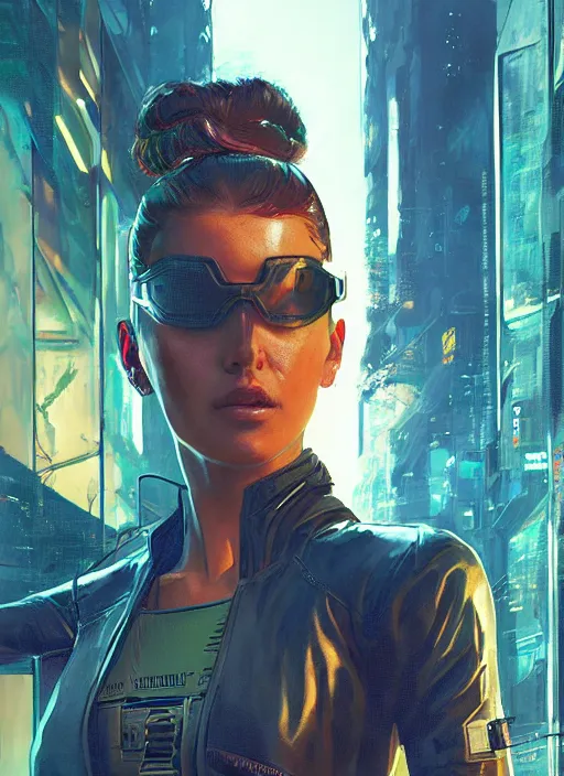 Image similar to Maria. Hacker in tactical gear infiltrating corporate mainframe. Cyberpunk 2077, blade runner 2049, matrix Concept art by James Gurney, greg rutkowski, and Alphonso Mucha. Stylized painting with Vivid color.