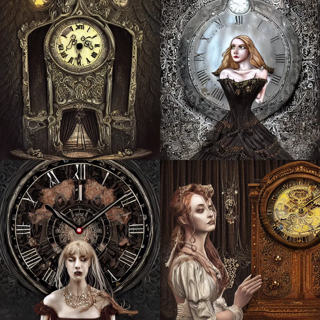 Prompt: the secret of the mistress of the old clock, digital art, dark fantasy, highly detailed, no crop