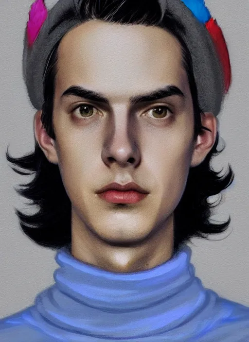 Image similar to portrait of teenage jughead jones wearing a light grey crown, crown, blue turtleneck, 1 9 5 0 s, closed eyes, photorealistic, black hair, glowing lighting, intricate, elegant, glowing lights, highly detailed, digital painting, artstation, concept art, smooth, sharp focus, illustration, art by wlop, mars ravelo and greg rutkowski