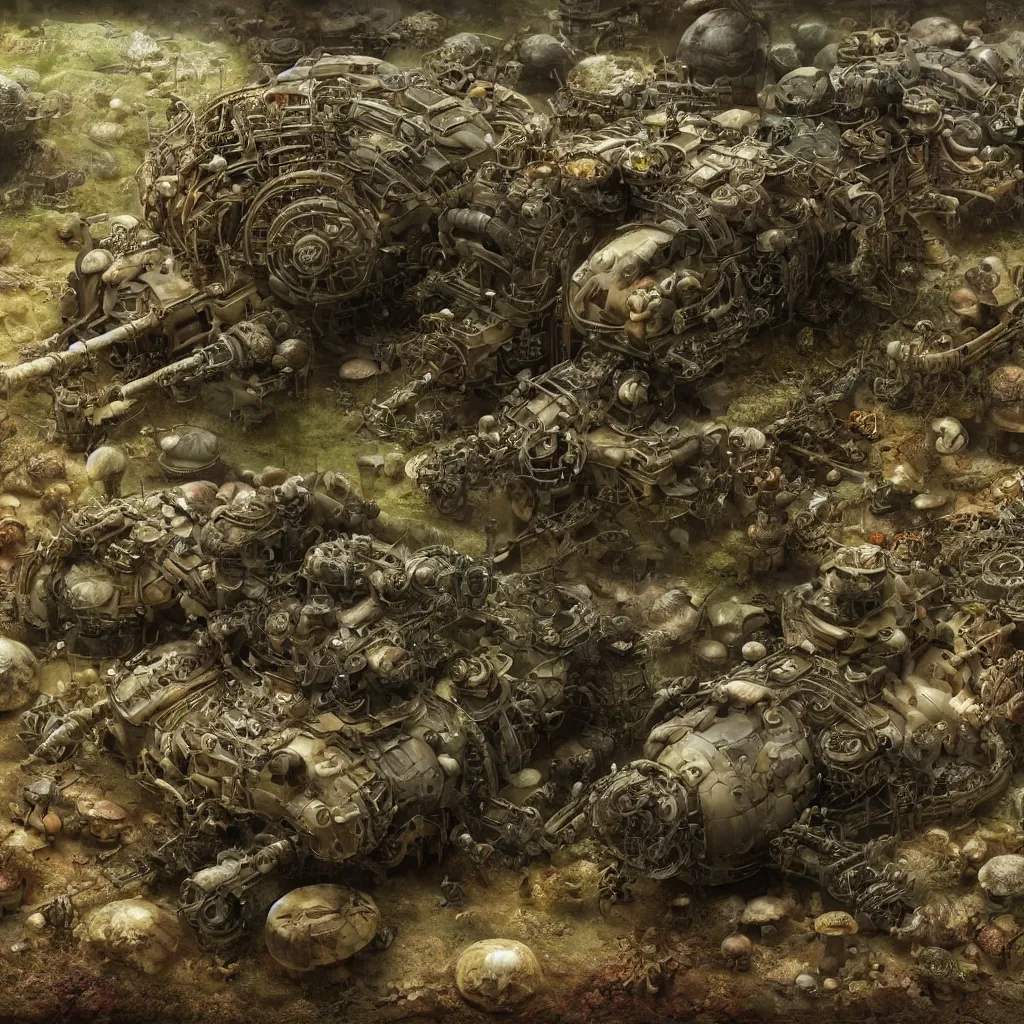 Image similar to a bio - mechanical tank with mushrooms as camouflage highly detailed, cinematic, perfect face, cyberpunk, fine details, studio lighting, subtle shadows, art by katsuya terada and hieronymus bosch, photo - realism, hyper realism, octane render