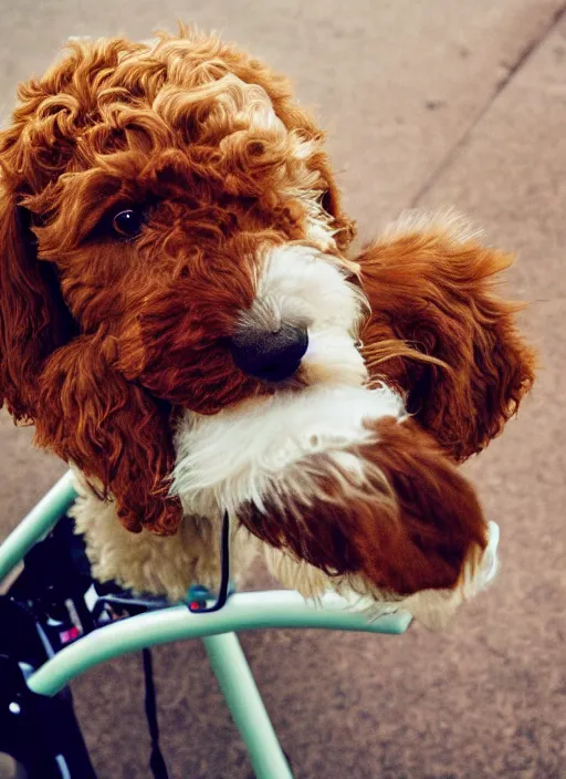 Prompt: digital art, golden doodle puppy, riding a stationary bike, cute, artistic, fuji 8 0 0 film