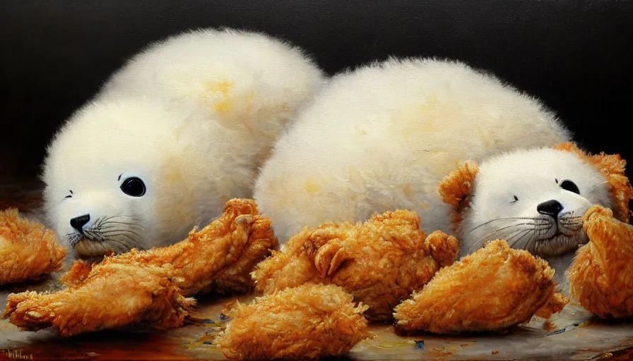 Image similar to highly detailed painting of cute furry white baby seals cuddling up in a big pile of fried chicken by william turner, thick brush strokes and visible paint layers, 4 k resolution