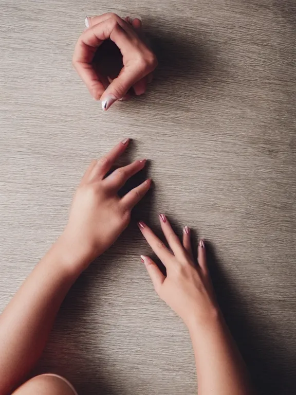 Image similar to an instagram photo of exactly one detailed woman's hand palm up lying on the table, instagram photo, studio photo