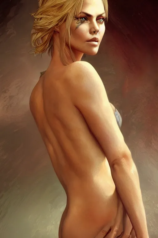 Prompt: sexy charlise theron, sensual painting, seductive look, realistic, beautiful, , D&D, fantasy, highly detailed, digital painting, artstation, concept art, sharp focus, illustration, art by artgerm and greg rutkowski and alphonse mucha, 8k render, detailed