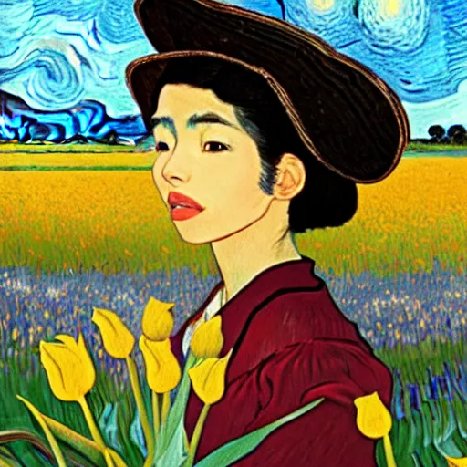 Prompt: beautiful dark skinned mexican woman, dancing in a field of tulips and baby's breath, prominent, rosy cheek bones, black hair and brown eyes, van gogh art style, art by hayao miyazaki, makoto shinkai