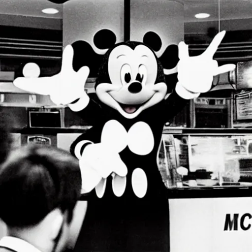 Prompt: A detailed analog photo of Mickey Mouse ordering a burger at the counter of a McDonalds