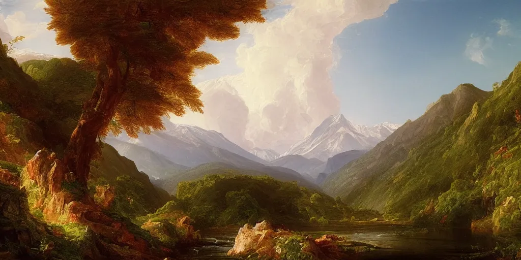 Image similar to a stunning painting of a mountain vista with a river flowing to a lake and forest, by thomas cole, oil on canvas, highly detailed, 4 k, hd