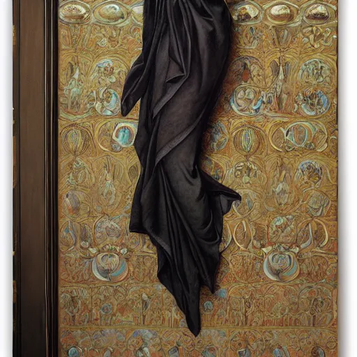 Image similar to hyperrealistic detailed painting of a black scary monster in an hotel room, art by ernst haeckel, john william godward, hammershøi, alphons mucha, pontormo, ornamental, decorative, art nouveau pattern, deep pastel colors,