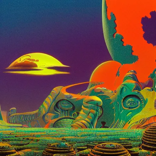 Image similar to striking colours vivid, gaps holes, neonothopanus, creatures, metropolis in distance, moons, realistic landscape art by roger dean, reflections, art by michael whelan, organic textures, seedpods, art by kilian eng, moebius artwork, hires 8 k detailed natural textures