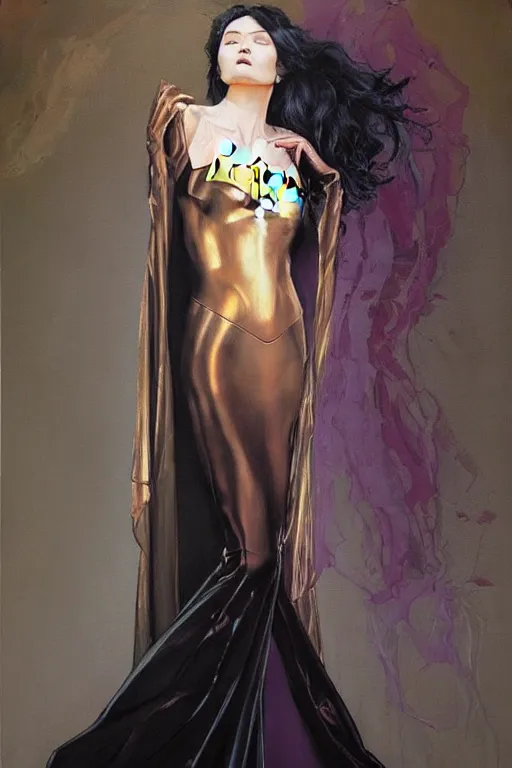 Prompt: very beautiful oil painting of a flowing batman gown by peter chung + loish + rembrandt + anne leibovitz + moebius + craig mullins + margaret keane, detailed, symmetrical, art nouveau, high fashion, aeon flux style,