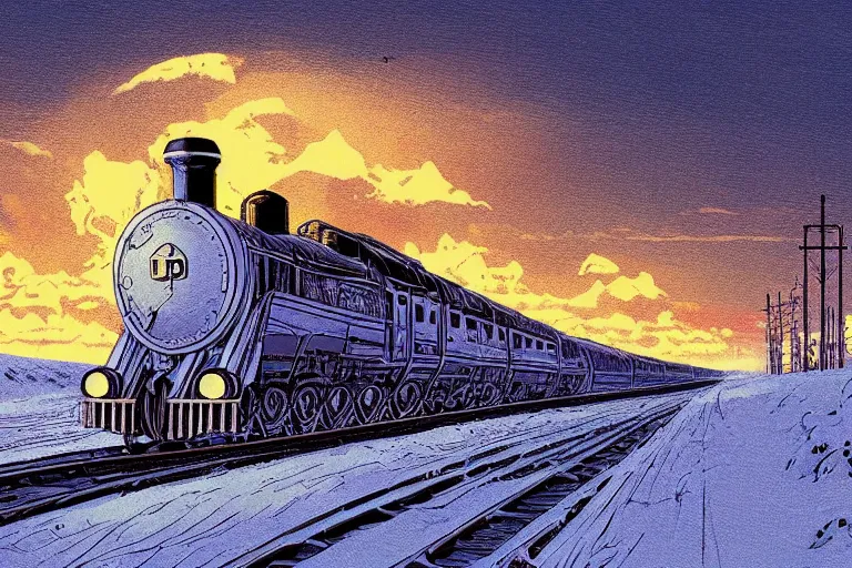 Image similar to trans - siberian express train illustration by joe fenton and syd mead and p. craig russell and barry windsor - smith, artstation, 4 k, graphic novel, concept art, matte painting, beautiful russian winter landscape sunset background, golden hour, art nouveau