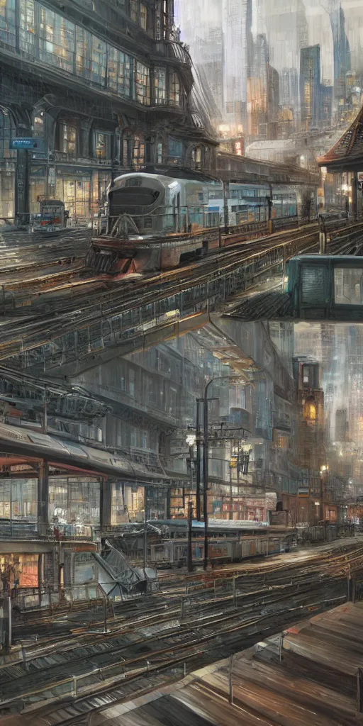 Image similar to 2 0 4 5 train station city landscale, concept art, illustration, highly detailed, artwork, hyper realistic, painting