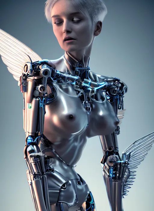 Image similar to a beautiful gorgeous futuristic cybernetic angel girl with a fire sword, prostheses, transhumanism, full body shot, perfect symmetrical body, perfect symmetrical face, hyper realistic, hyper detailed, by johannen voss, by peter kemp, by monia merlo, by michelangelo, octane render, blender, 8 k