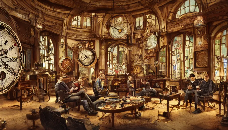 Image similar to coldplay in a circular common room full of antique clocks, high detail, steampunk, fantasy, mechanical, 4 k, trending on artstation