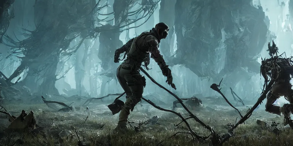 Image similar to a hunter in combat wooden exoskeleton with chrome details walks between the roots. hunting for monster. realism in style of fornite game. bio luminescent, plasma, ice, water, wind, creature, artwork by tooth wu and wlop and beeple and greg rutkowski, epic cinematic shot, perfectly defined features, ambient occlusion